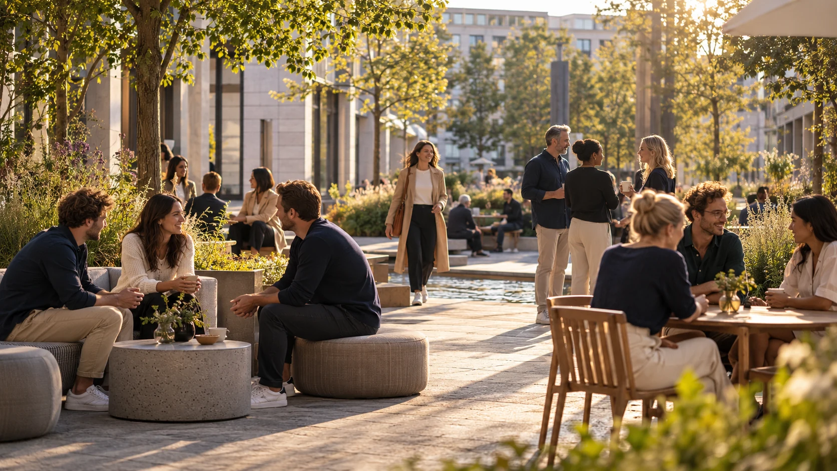 Small groups in a green communal courtyard