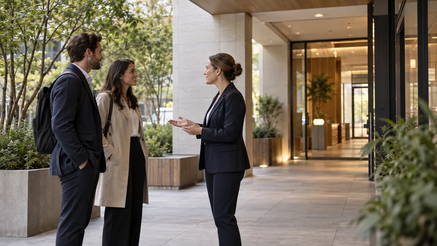 Two international professionals welcomed by a coordinator at a neutral workplace