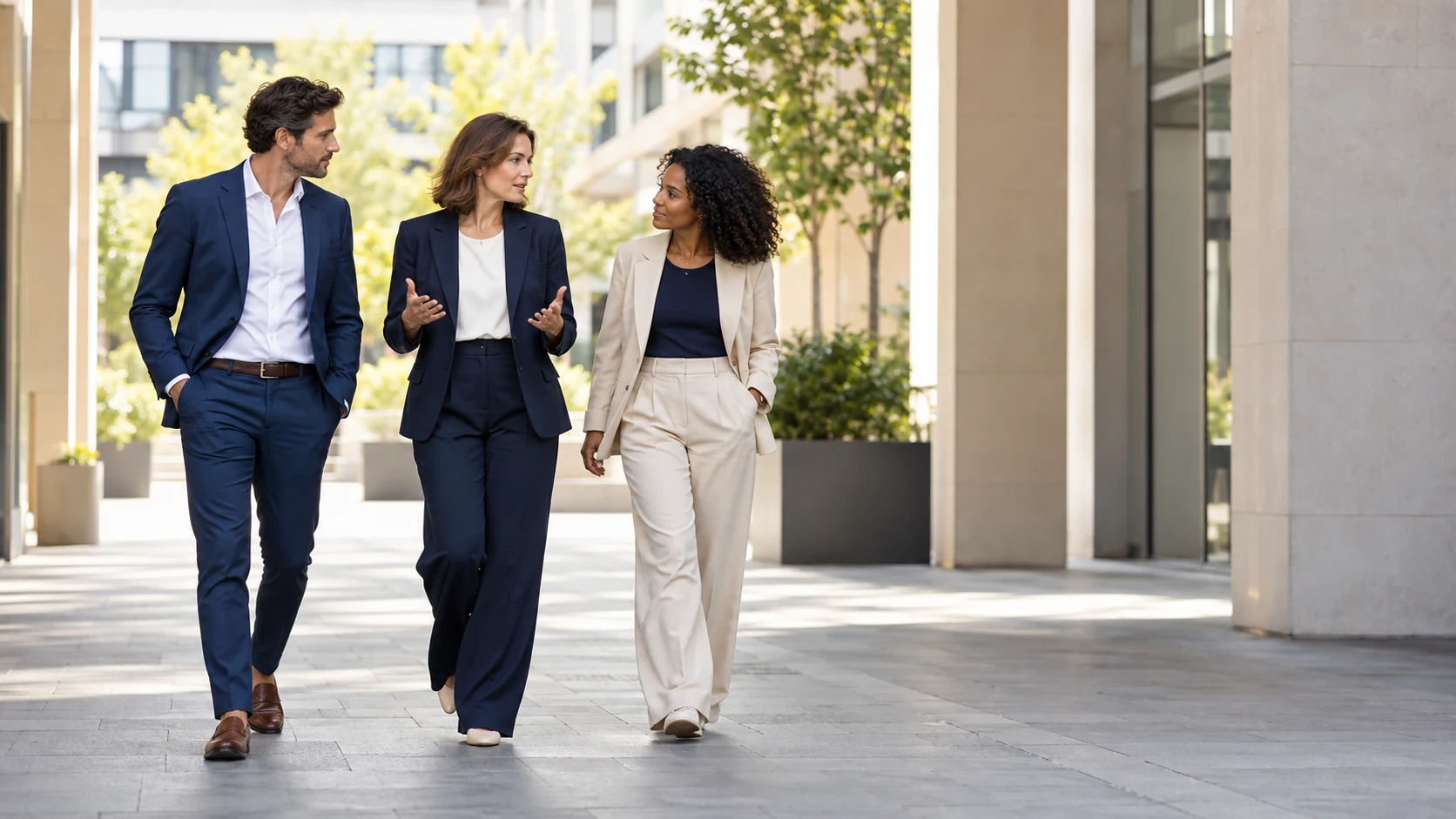 Three people in a coordinated conversation while walking together