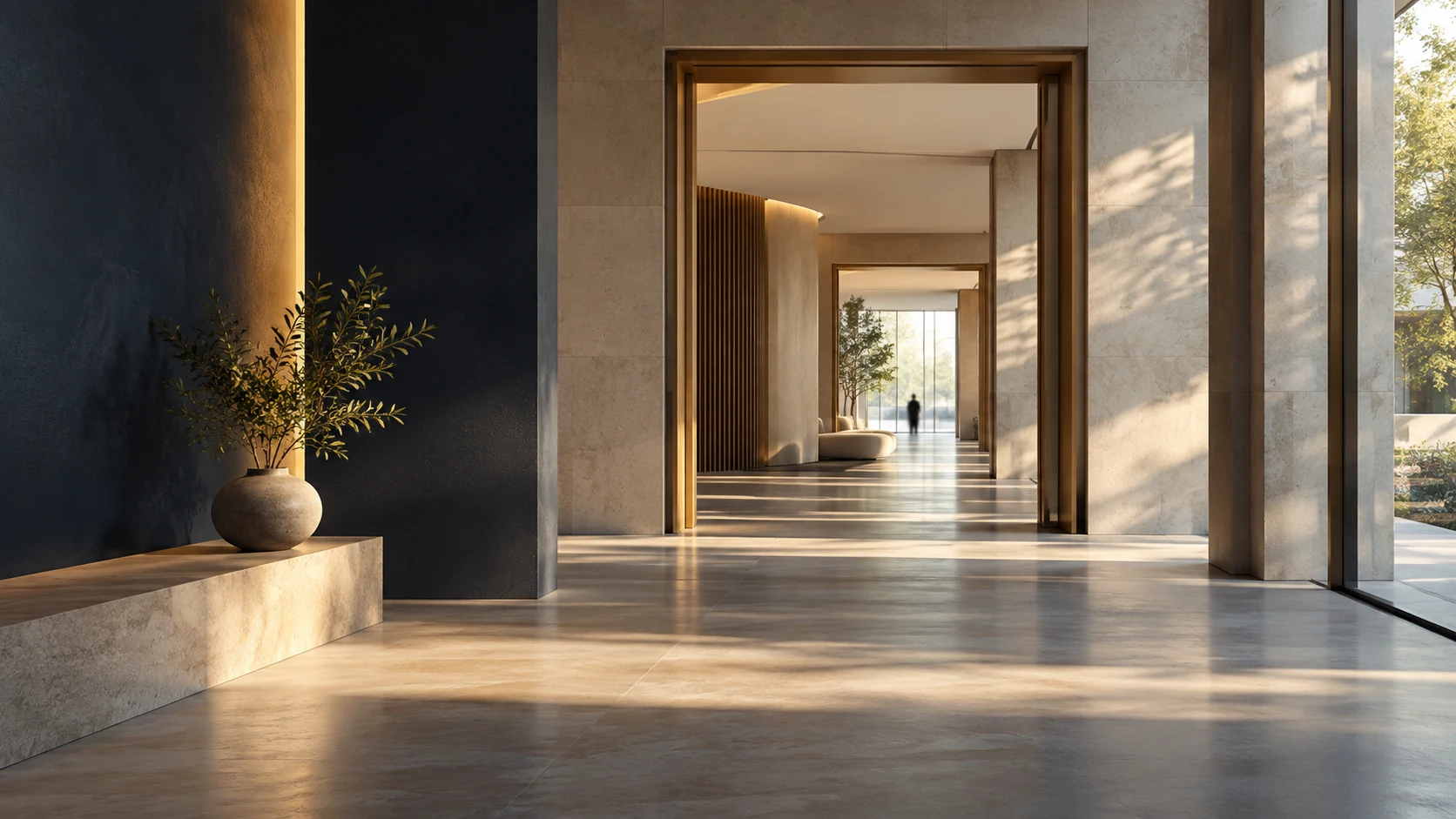A calm sequence of open architectural transitions with warm light