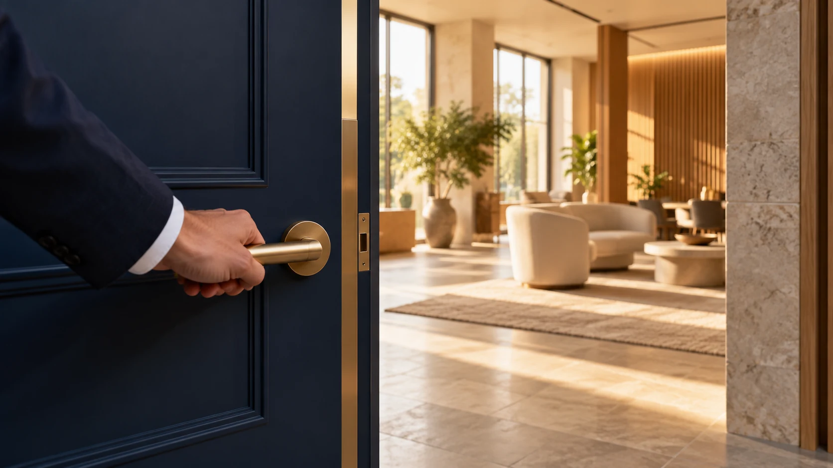 An open dark blue door leading into a bright prepared room