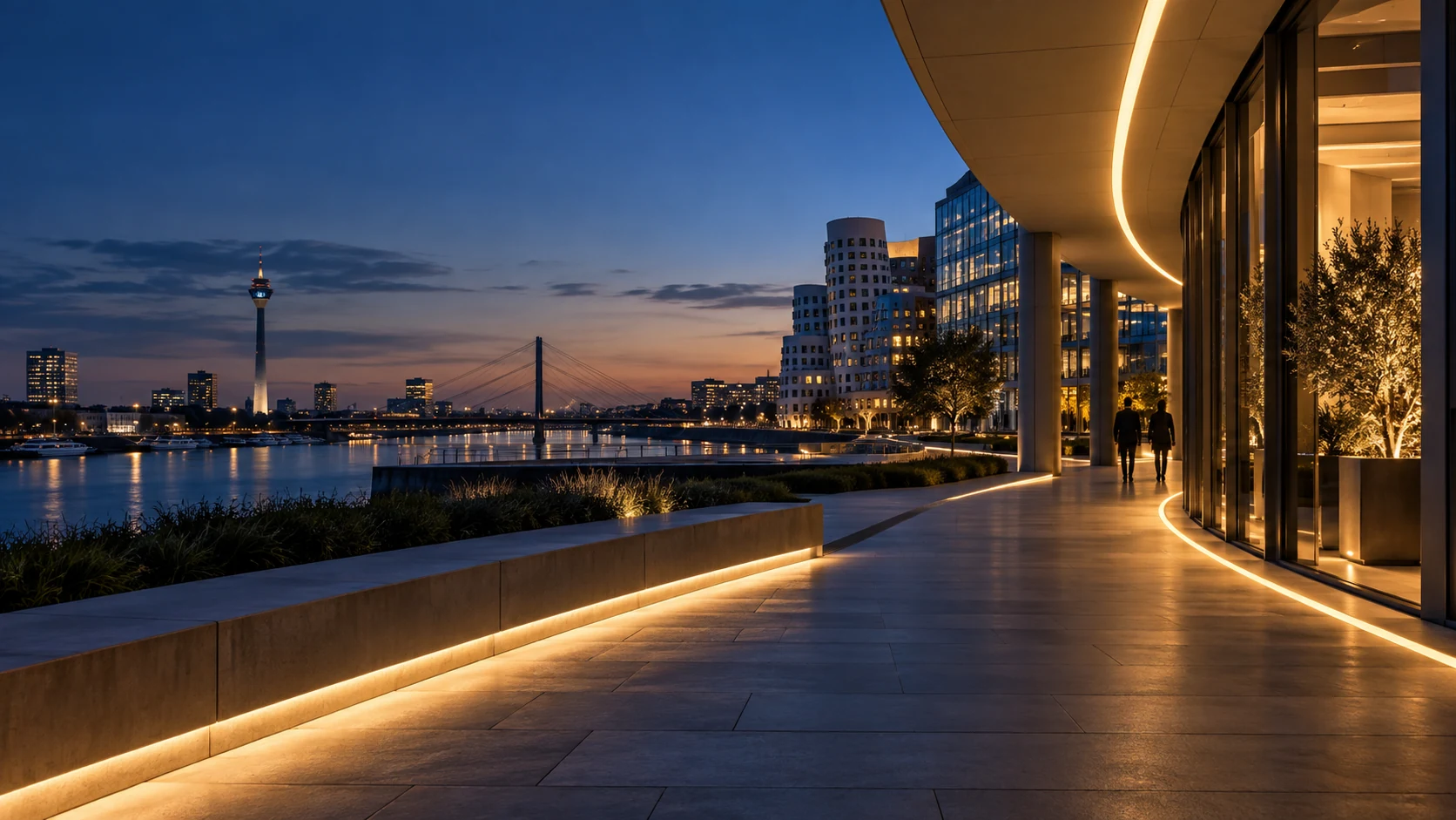 Abstract visualisation of a guided path by the water in blue evening light